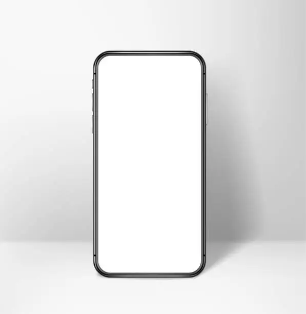 Vector illustration of Modern mobile phone with blank screen standing on a table. 3d vector mockup