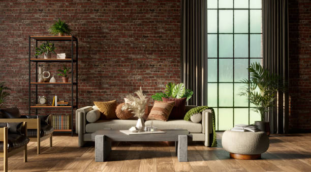 istock Home interior mock-up with cozy sofa on brick wall background, 3d render 1387708109