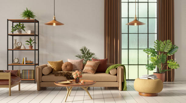 istock Home interior mock-up with cozy sofa on white wall background, 3d render 1387708115