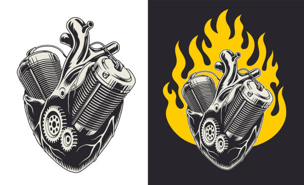 Metal motor engine heart. Vector illustration. Metal motor engine heart on fire. Vector illustration. motorcycle tattoo designs stock illustrations