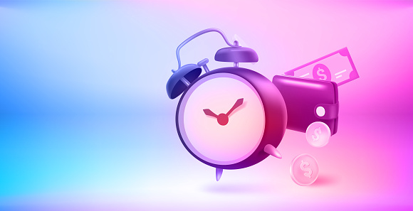 Retro alarm clock and money. Business in time concept. 3d vector illustration