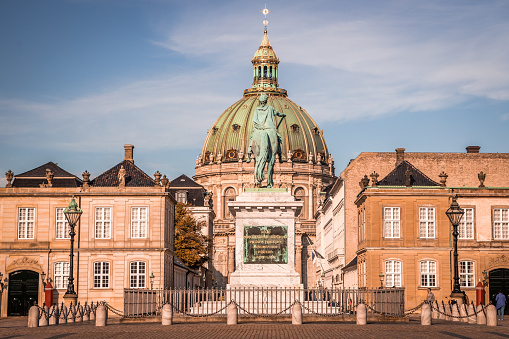 Frederik's Church, the lutheran church with a largest dome in Scandinavia as seen from the Amalienborg, Copenhagen. Some visitors are already waiting for the guard change.