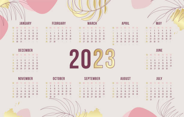 stockillustraties, clipart, cartoons en iconen met 2023 floral horizontal calendar for 12 months with golden abstract shapes and pink elements,. week starts on sunday. vector one page aesthetic wall calendar. - april 2023