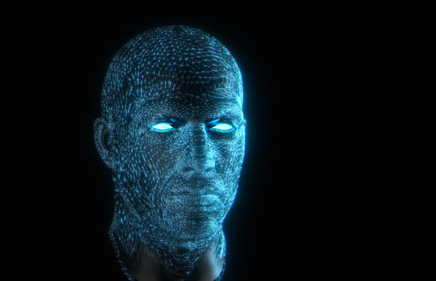 istock Blue fragment abstract human head and face, 3d rendering of a cyborg head construction, artificial intelligence concept. 1387717732