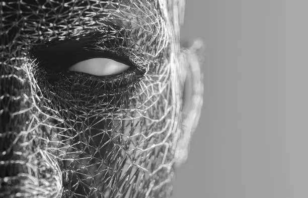 Photo of Close up view of glass shards pattern human face. 3D render. Virtual concept.