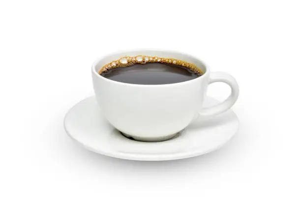 Photo of Clipping path. Close up of Hot Coffee Cup isolated on white background.
