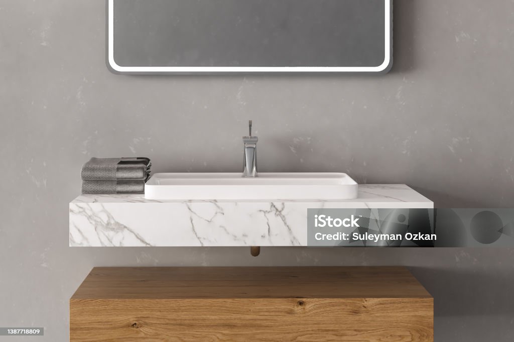 Close up of sink with square mirror standing in on grey wal Close up of sink with square mirror standing in on grey wall, white cabinet with chrome faucet in minimalist bathroom. Front view. 3d rendering Apartment Stock Photo