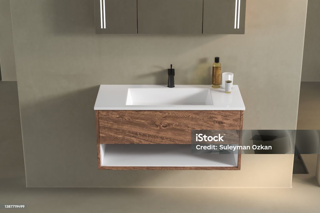 Close up bathroom furniture accessories. Close up bathroom furniture accessories. Square mirror is hanging on a concrete wall. Front view. 3d rendering Apartment Stock Photo