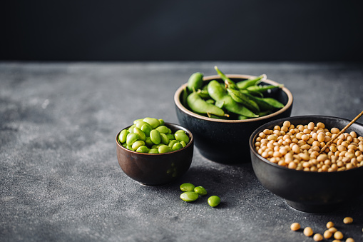 Close-up of healthy raw beans in ceramic bowls. Fresh soybeans and lentil seeds in bowls on kitchen counter.