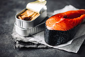 Raw salmon steak with canned sardine