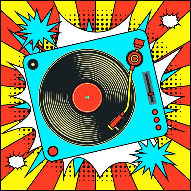 Vector illustration of Vintage Vinyl Record on Explosion Speech Bubble in Pop Art Style.