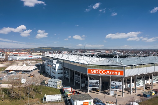 Magdeburg, Germany - March 2022: Aerial view on MDCC-Arena, home stadium of 1. FC Magdeburg