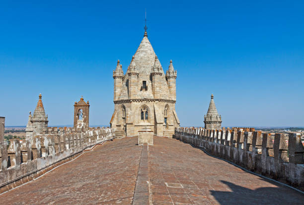 A tower of the cathedral in Evora, Portugal with a wide expanse of the rooftop in the foreground and a beautiful clear blue sky as a background.