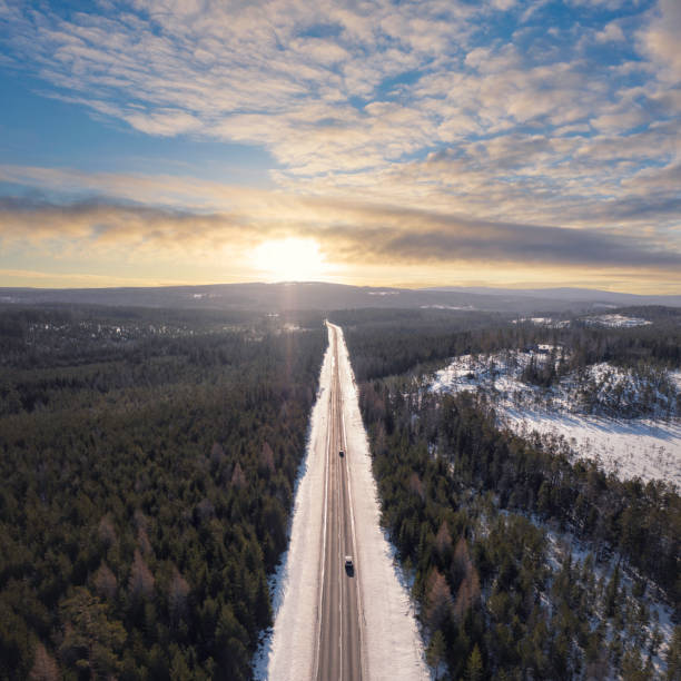istock Road trip in winter through a nordic landscape 1387733874