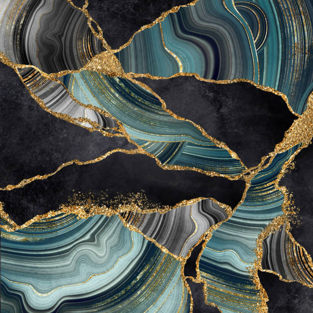 sfondo astratto in marmo, mosaico di granito nero e agata blu con venature dorate, tessitura di pietra artificiale, carta da parati moderna - inlaid foto e immagini stock