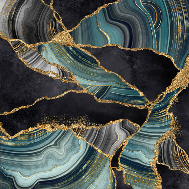 abstract marble background, mosaic of black granite and blue agate with golden veins, artificial stone texture, modern wallpaper stock photo