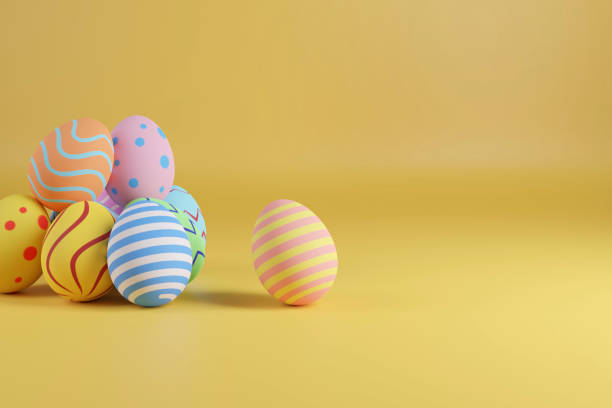 istock Easter eggs with copy space on yellow background. 3d illustration. 1387739686