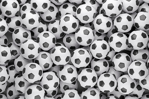 Black and white soccer balls background. Top view. 3d illustration.