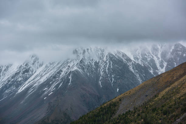 istock Atmospheric aerial landscape with green forest on gold mountainside against high snowy mountain range in rainy low clouds. Dramatic beautiful scenery with large snow mountains in low gray cloudy sky. 1387745813