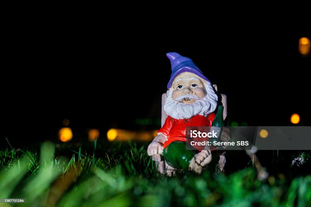 Relaxed Gnome Sitting on Lawn in the Middle of The Night Garden gnome in front of black background relaxing on top of green grass in the middle of the night. Fairy Stock Photo