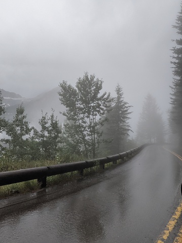 A misty morning drive through the mountains of Glacier National Park.