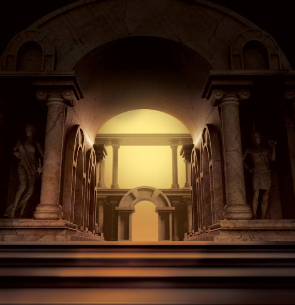 3d render illustration of fantasy greek temple with statues. stock photo