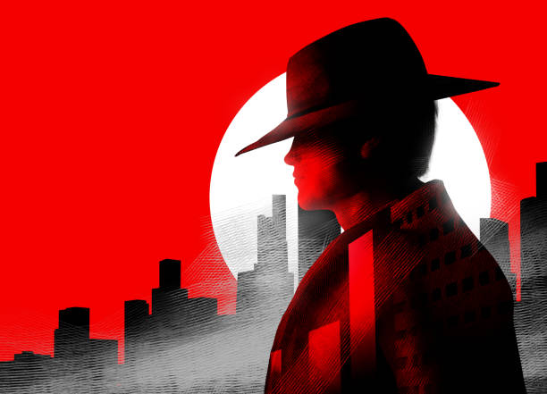 3d rendered illustration of detective man in hat. 3d render profile portrait illustration of detective man in hat on red colored cityscape with shining moon background. spy stock pictures, royalty-free photos & images