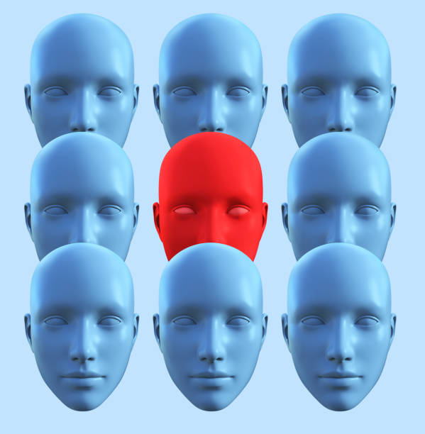 3d-render-illustration von blau gefärbten menschlichen gesichtern mit rot gefärbtem. - leadership standing out from the crowd sports team individuality stock-fotos und bilder