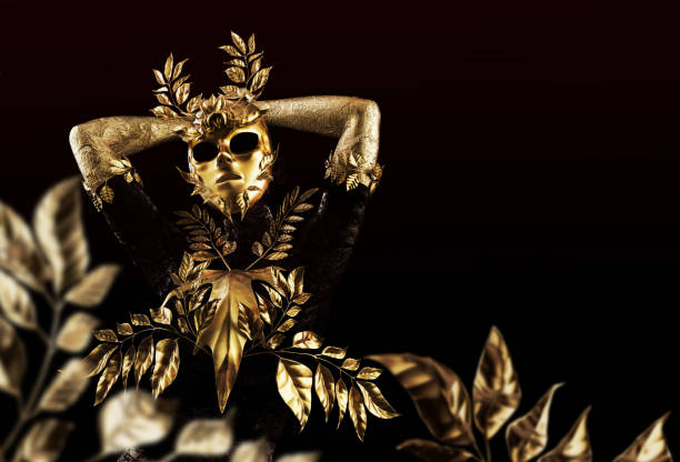 ilustración de renderizado en 3d de la estatua de la diosa ninfa de la naturaleza enmascarada dorada. - statue women sculpture italian culture fotografías e imágenes de stock