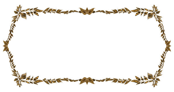 Isolated 3d render illustration of golden leafs metal border frame on white background with copy space.