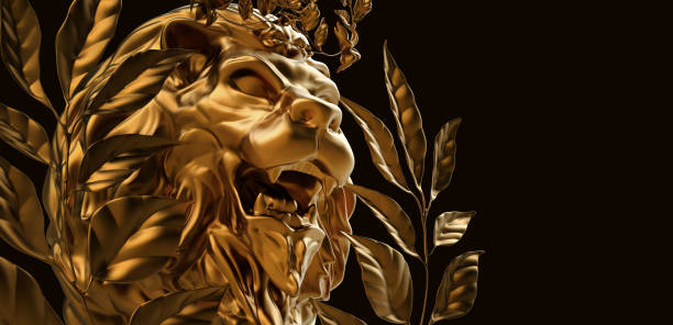 The grayscale shot of the lion with a human body in a dark coat against the black background.