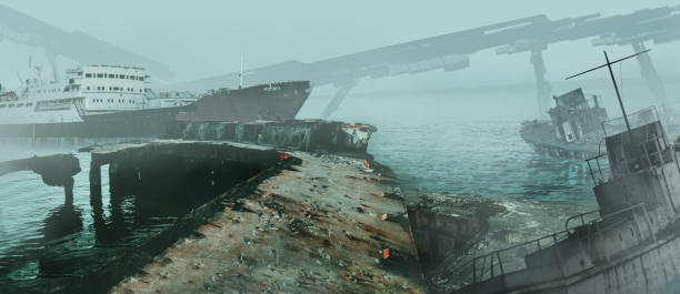 ilustración futurista de barcos perdidos y abandonados. - triángulo de las bermudas fotografías e imágenes de stock