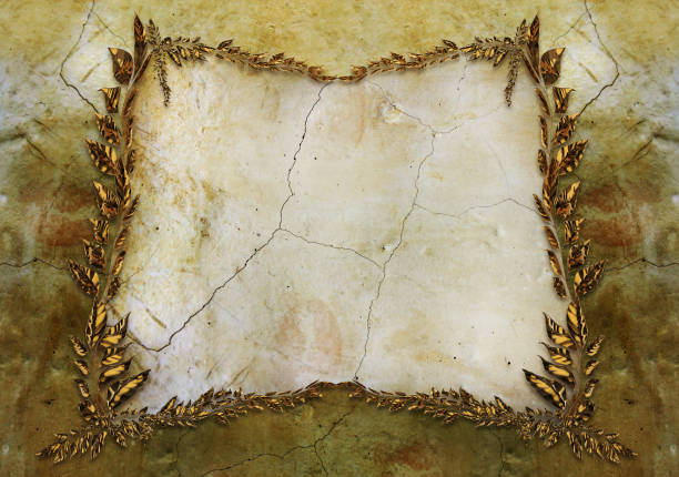 3d render illustration of golden colored leaf branches frame on cracked marble surface background.