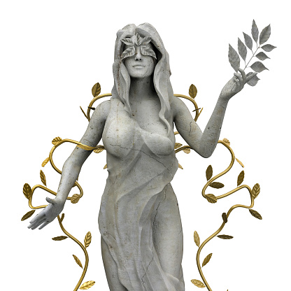 Isolated 3d render illustration of marble greek nature nymph goddess statue with golden leafs on white background.