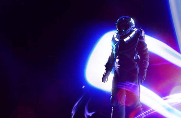3d render illustration of sci-fi space man in suit standing with neon glowing lights.