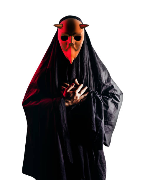 istock Occult horror sectarian with metal mask on white background. 1387752211