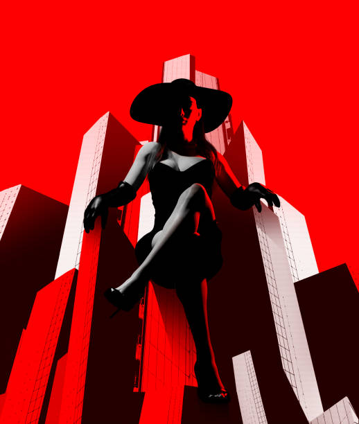 illustration 3d render noir de dame sexy de style noir en robe noire et chapeau assise sur des bâtiments. - detective spy women fashion photos et images de collection