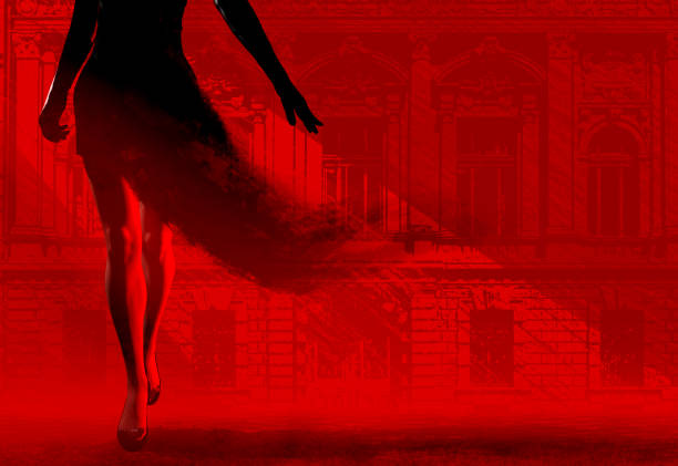 3d render noir illustration of lady in black dissolving dress on red colored street. stock photo