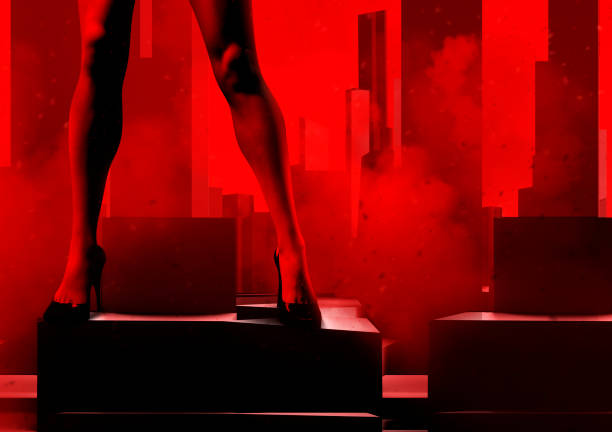 3d render noir illustration of sexy lady legs on high heels standing on styled red and black cityscape. - sexual issues imagens e fotografias de stock