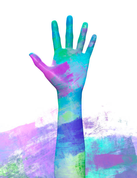 istock 3d render illustration of multicolored palette painted human figure hand. 1387753924