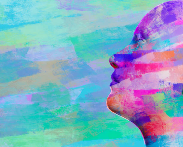 3d render illustration of multicolored palette painted female figure face profile view.