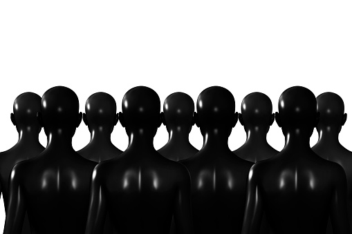 3d render illustration of black colored female mannequins standing in line, back view on white background.