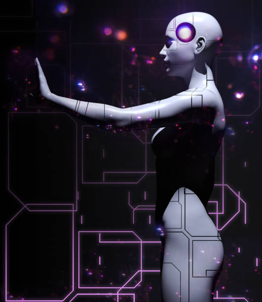 3d render illustration of female robot standing on dark colored glowing cyberspace backdrop profile view.