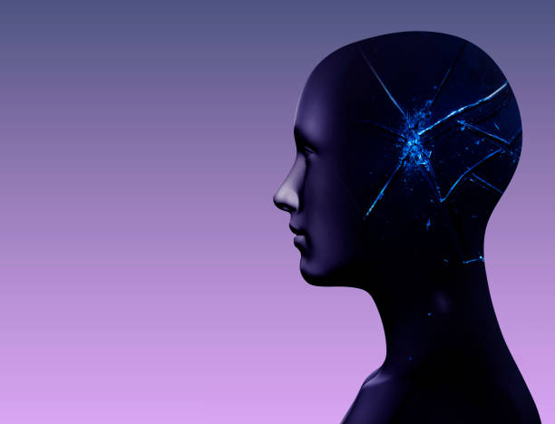 istock Abstract 3d render illustration of glossy back colored female face with glass cracks. 1387754696