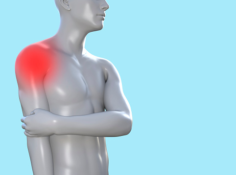3d render illustration of male figure with red inflammated shoulder joint area on blue background, traumatology clinic concept.