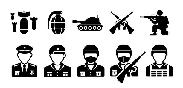 ilustrações, clipart, desenhos animados e ícones de conjunto de ilustração de ícone vetorial de guerra ( soldados, armas ) - soldado