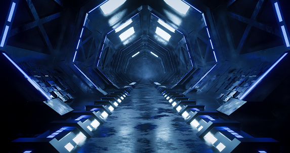 3d rendering dark metal sci fi corridor with blue neon light. Concept futuristic spaceship hallway background.