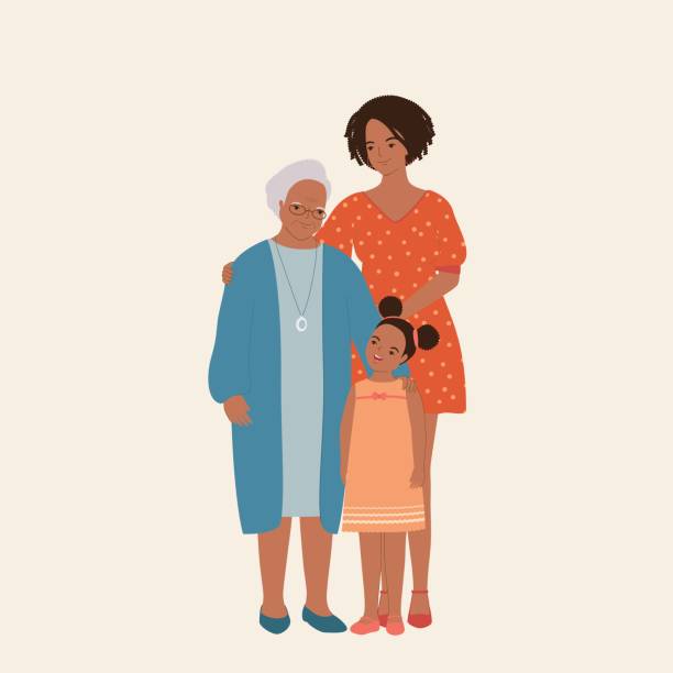 ilustraciones, imágenes clip art, dibujos animados e iconos de stock de tres generaciones de mujeres y niñas negras. familia negra multigeneracional. - multi generation family illustrations