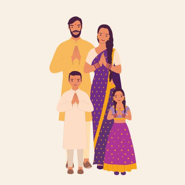 Happy Indian Family Dressed In Beautiful Traditional Clothes Greeting. Deepavali. Diwali. Happy Indian Family Dressed In Beautiful Traditional Clothes Greeting With “Namaste” Pose. Full Length, Isolated On Solid Color Background. Vector, Illustration, Flat Design, Character. Kurta stock illustrations