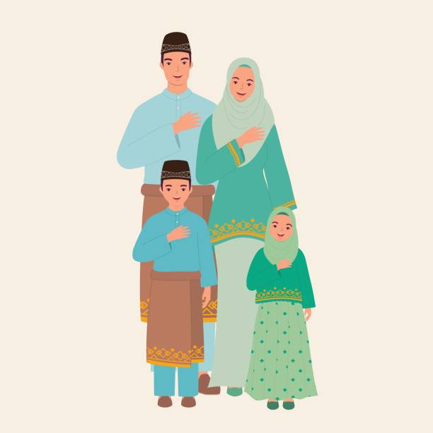 glückliche muslimische familie gekleidet in schöne traditionelle kleidung begrüßung. eid al-fitr. hari raya puasa. - family portrait asian ethnicity mother stock-grafiken, -clipart, -cartoons und -symbole